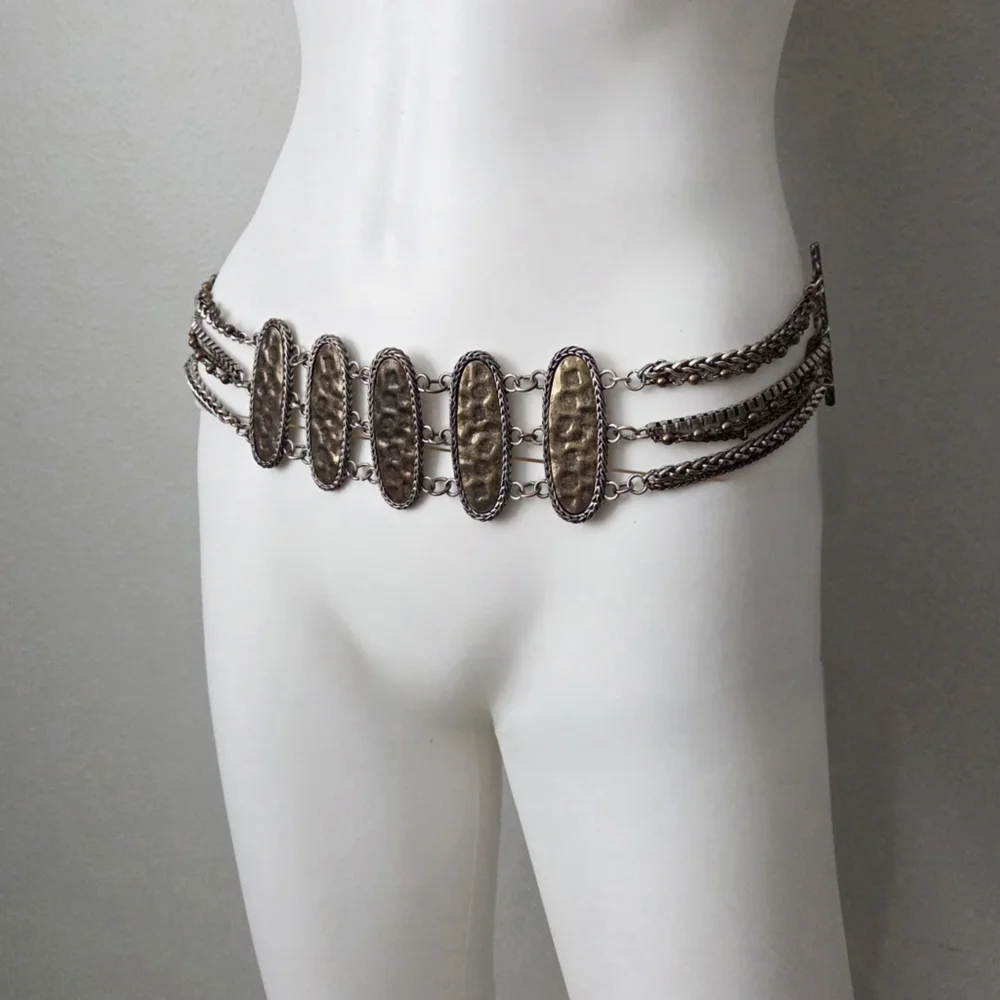 Chico's Wide Multi Chain Belt With Hammered Bronze Front Panels